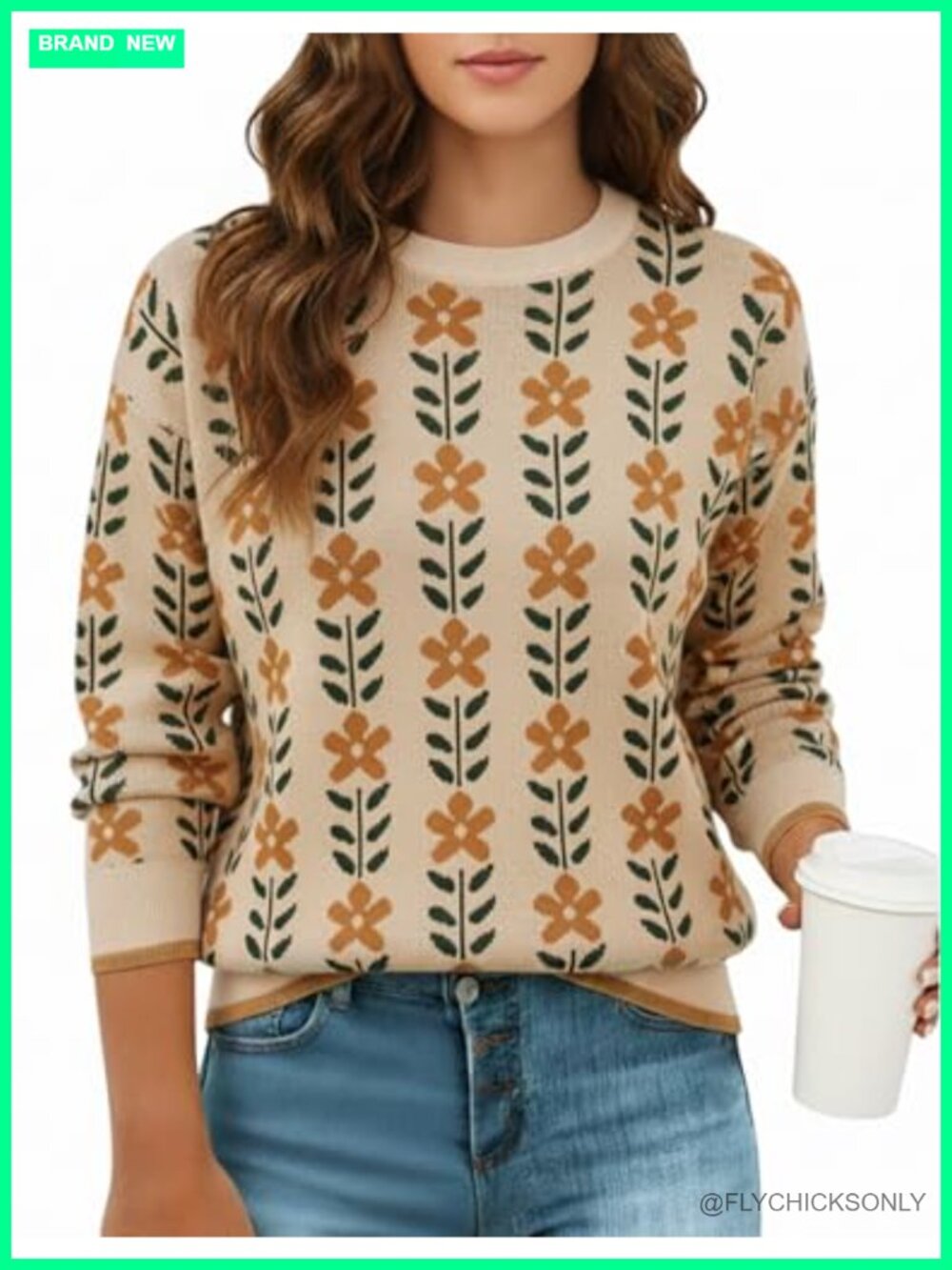 Womens Floral Knit Pullover Sweater Oversized Cozy Fall